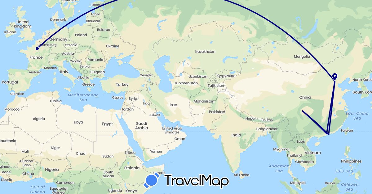 TravelMap itinerary: driving in China, France (Asia, Europe)